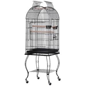 PawHut Metal Wire Bird Cage Parrot Cage Steel Pipe Bird Stand w/ Wheels 51Lx51Wx137H cm-Black