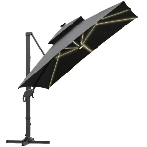 Outsunny 3 x 3(m) Cantilever Roma Parasol Garden Sun Umbrella Outdoor Patio with LED Solar Light Cross Base 360Â° Rotating for Backyard Dark Gray