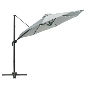 Outsunny 3(m) Cantilever Roma Parasol Patio Sun Umbrella with LED Solar Light Cross Base 360Â° Rotating Outdoor, Grey
