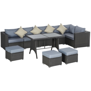 Outsunny 9-Seater Garden Rattan Furniture 10 Pcs Rattan Corner Dining Sofa Set-Grey/Dusty Blue Cushion