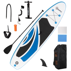 Outsunny Tabla de Paddle Surf Hinchable 300x76x15 cm Plegable con Remo Ajustable Desmontable Cubierta Antideslizante Bolsa de Transporte y Kit de Reparación Blanco y Azul