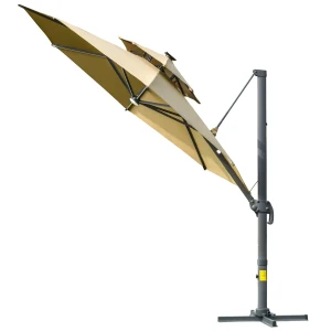 Outsunny 3m Cantilever Parasol w/ Solar Lights Power Bank Cross Base Adjustable Canopy 360Â° Spin Outdoor Garden Umbrella 2-Tier Roof Sun Shade Khaki