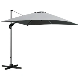 Outsunny 3 x 3(m) Square Cantilever Roma Parasol Garden Sun Umbrella Canopy Sun Shade Aluminium 360Â° Rotating & Cross Base, Light Grey Outdoor
