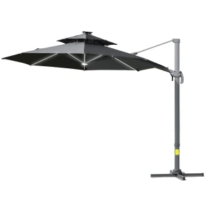 Outsunny 3m Cantilever Parasol w/ Solar Lights Power Bank Cross Base Adjustable Canopy 360Â° Spin Outdoor Garden Umbrella 2-Tier Roof Sun Shade Grey