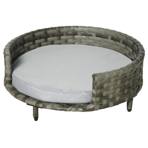 PawHut Sofá Cama para Perros de Ratán Cama Elevada Redonda para Mascotas Gatos con Cojín Suave y Lavable para Interior y Exterior 60x60x20 cm Gris