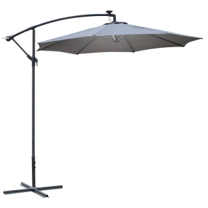 Outsunny LED Banana Parasol, 3m Garden Cantilever Umbrella with Solar Lights, Crank Handle & Cross Base, Grey