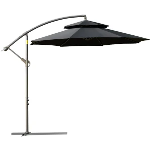 Outsunny 2.7m Banana Parasol, Cantilever Umbrella with Crank Handle, Double Tier Canopy, Cross Base, Hanging Sun Shade, Black