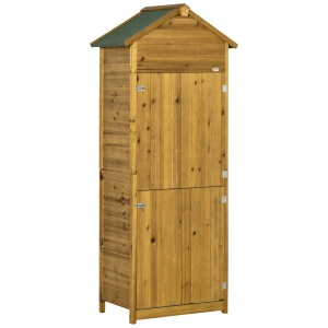 Outsunny Armario de Jardín de Madera 79x49x190 cm 0,28 m² Cobertizo para Almacenaje de Herramientas con Techo Asfáltico 3 Estantes y 2 Puertas con Cerrojo para Exterior Terraza Natural