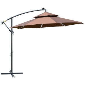 Outsunny 3(m) Cantilever Banana Parasol Hanging Umbrella with LED Solar lights, Crank, 8 Sturdy Ribs and Cross Base for Outdoor, Garden, Patio, Coffee