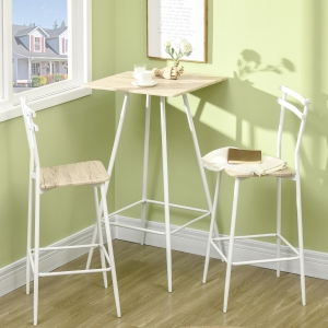 HOMCOM Bar Table and Stools, Breakfast Dining Table and Stools Set with Steel Frame and Footrest for Bar and Kitchen, White and Oak