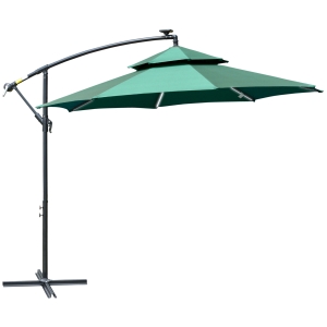 Outsunny 3(m) Cantilever Banana Parasol Hanging Umbrella with LED Solar lights, Crank, 8 Sturdy Ribs and Cross Base for Outdoor, Garden, Patio, Green