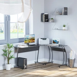 HOMCOM L Shape Computer Desk Corner Display Table Laptop Study Desk Minimalist Space Saving Wood Steel Gaming PC Workstation for Home Office Black