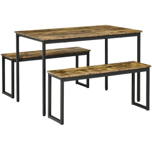 HOMCOM Küchentisch-Set Industriell Esstisch mit 2 Bänken Essgruppe Esstisch Set für Wohnzimmer Metall Rustikales Braun 30 x 100 x 40 cm