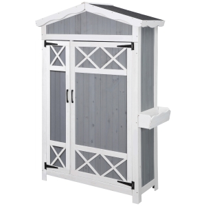 Magazie de Gradina Outsunny cu 2 Etajere, Masuta Pliabila si Jardiniera Laterala, din Lemn de Brad cu Acoperis din Bitum, 132x50x184cm, Gri