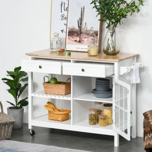 HOMCOM Modern Kitchen Island on Wheels, Kitchen Trolley Storage Cart with 2 Drawers, Cabinet, Towel Rack, Rubber Wood Top for Dining Room, White