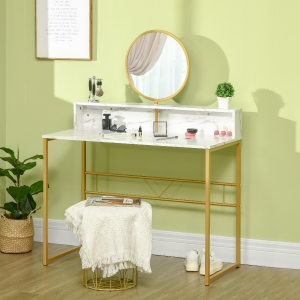 HOMCOM Modern Dressing Table with Round Mirror, Vanity Makeup Desk with Open Storage, Faux Marble Texture and Steel Frame for Bedroom, White