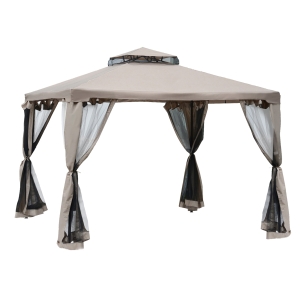 Outsunny Pérgola de Jardim 3x3m Pérgola de Exterior com Duplo Teto de Ventilação 4 Cortinas Laterais 4 Orifícios de Drenagem e 4 Telas Mosquiteiras com Zíper para Festas Pátio Marrom Cáqui