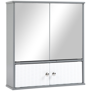 kleankin Armário Casa de Banho com Espelho Móvel Suspenso de Casa de Banho com 4 Portas e 3 Prateleiras Interiores 55x17,5x60cm Branco e Cinza
