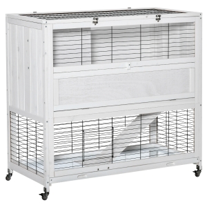 PawHut Kleintierstall mit Rollen Zwergkaninchenstall mit Freilauf Rampe Nagetierkäfig Freilaufgehege doppelstöckig für 1-2 Zwergkaninchen winterfest Tannenholz Outdoor Weiß 108 x 53 x 102 cm