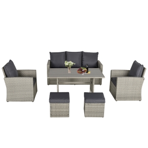 Outsunny Poly rotan zitgroep 6-delig Tuinset bankstel sofa lounge kruk grijs