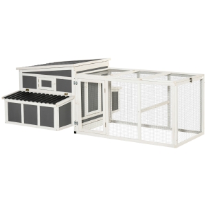 PawHut Galinheiro de Madeira para Exterior 225x147x85,5cm Gaiola para 6-8 Galinhas com Cerca de Metal Teto e Janela Rebatível 2 Ninhos Bandeja Removível e Rampa Cinza e Branco