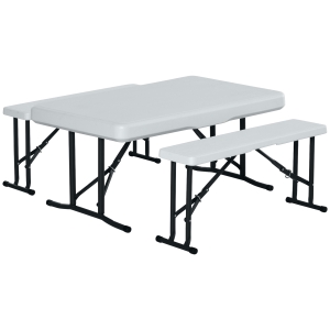 Outsunny Conjunto de Mesa e 2 Bancos Dobráveis de Jardim Mesa de Campismo Portátil Mesa de 103x63x73cm e Bancos de 84,5x20x40cm Branco