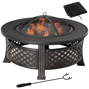 Outsunny Feuerschale mit Schürhaken Funkenschutz Feuerkorb Feuertisch rund Feuerstelle für Garten Camping BBQ Stahl Schwarz 81 x 81 x 50 cm