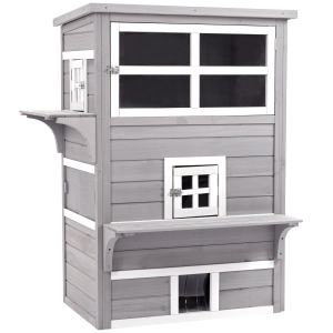 PawHut Caseta para Gatos de Madera Exterior Casa Grande para Gatos de 3 Pisos con Múltiples Entradas Ventanas y 2 Plataformas para Terraza Balcón Jardín 98x68,5x122 cm Gris