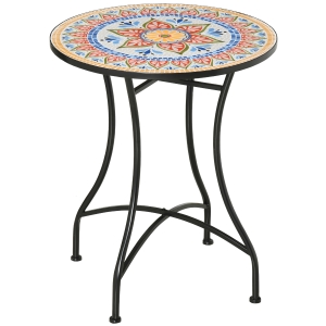 Outsunny Bistro-Gartentisch in Mosaik-Optik, Keramik+Metall, Rot+Blau+Weiß, Φ60 x 71 cm