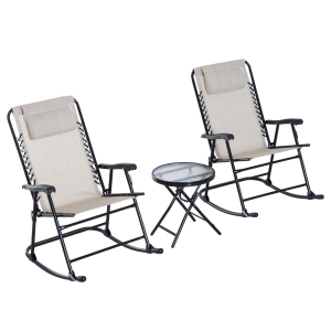 Outsunny 3 Piece Outdoor Rocking Bistro Set, Patio Furniture Set with 2 Folding Chairs and 1 Tempered Glass Table, Beige
