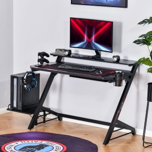HOMCOM LED Breathing Lights Gaming Table Double-layer Tabletop Computer Desk Metal Frame with Host Support Board, Cup Holder, Headphone Hook, Gamepad Holder, Cable box, Black