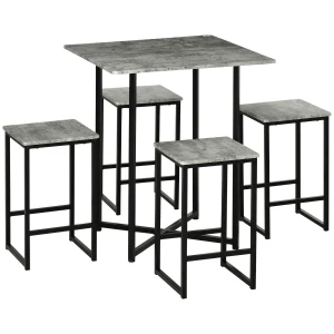 HOMCOM Square Bar Table with Stools, Concrete Effect 5 Pieces Small Kitchen Table and Chairs Set for 4 People, with Steel Frame and Footrest, Grey