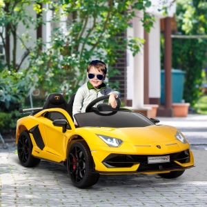 HOMCOM Coche Eléctrico para Niños de +3 Años Lamborghini SVJ Batería 12V con Mando a Distancia Velocidad de 3-5 km/h Música y Faros Carga 25 kg 123x66,5x45,5 cm Amarillo