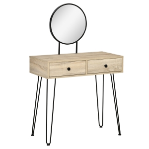 HOMCOM Toucador de Maquilhagem Mesa de Maquilhagem com Espelho Redondo 2 Gavetas e Pés de Metal Estilo Moderno para Dormitório 80x40x125cm Carvalho