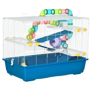 PawHut Gaiola para Hámster 79x46x60cm Gaiola para Roedores com 3 Plataformas Tubos Comedouro Bebedouro 3 Rampa Roda de Exercícios e 2 Alça Portáteis Multicor