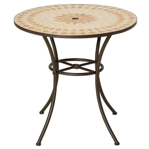 Outsunny Mesa de Jardim Redonda Mesa Auxiliar de Mosaico com Pés de Metal com Orifício para Chapéu de Sol para Pátio Terraço Ø75x75 Bege e Marrom