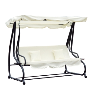 Outsunny Columpio Balancín Jardín 3 Plazas Convertible en Cama Techo Parasol Regulable Bandeja para Bebida Terrza Balcón Exterior Carga máx. 340kg Acero 200x120x164cm Beige