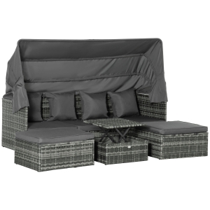 Outsunny 4 Piece Outdoor Rattan Wicker Sofa Set Adjustable Conopy & Coffee Table Sectional Patio Conversation Furniture Set w/ Cushions Grey