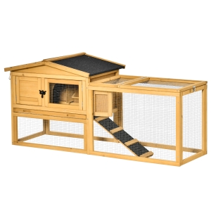PawHut 2 Level Wooden Rabbit Hutch Water Resistant Roof Pull out Tray 150 x 52.5 x 68cm