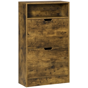 HOMCOM Slim Two-Drawer Shoe Cabinet, with Two Flip Doors, Adjustable Divider & Open Compartment, for 12 Pairs of Shoes – Rustic Brown