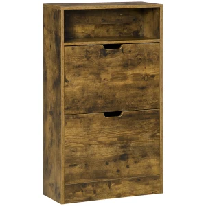 HOMCOM Slim Shoe Cabinet with 2 Flip Doors, 2-Drawer Storage Cupboard, Adjustable Divider, Rustic Brown