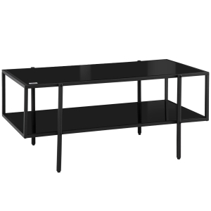 HOMCOM Modern Coffee Table with Tempered Glass Top, Cocktail Table with 2-Tier Storage and Steel Frame for Living Room, Black