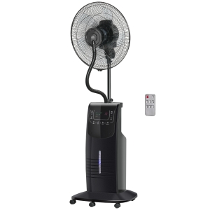 HOMCOM Ventilatore Nebulizzatore con Telecomando da 5m, Timer 12h e Oscillazione 70°, 3 Velocità e 3 Funzioni, Tanica 3.1L, 90W, Ф44.5x135cm Nero
