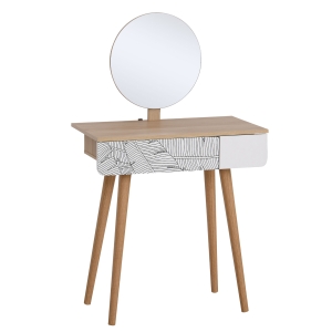 Homcom Tavolo da Trucco con Specchio Tondo e Cassetto con Decorazione Jungle Bianco e Rovere