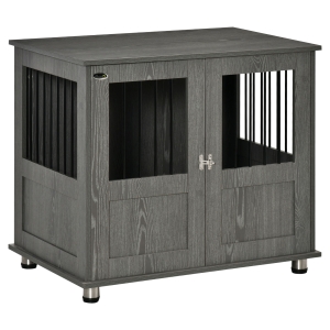 PawHut Dog Crate Furniture, Wooden End Table Furniture with Cushion & Lockable Magnetic Doors, Small Size Pet Kennel Indoor Animal Cage, Grey