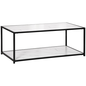 HOMCOM Modern Coffee Table with Faux Marble Top, Cocktail Table with 2-Tier Storage and Steel Frame for Living Room, White