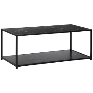 HOMCOM Modern Coffee Table with Faux Marble Top, Cocktail Table with 2-Tier Storage and Steel Frame for Living Room, Black