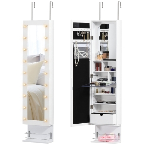 HOMCOM Jewellery Storage Mirror Cabinet Wall Mounted or Door Hanging w/ Hooks Shelves Drawer 18 Lights Brush Holder Vanity Makeup White