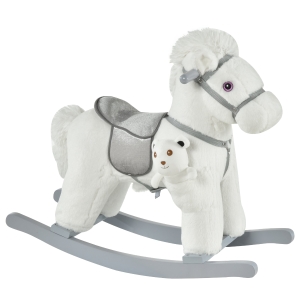 HOMCOM Kinder Schaukelpferd Baby Schaukeltier mit Tiergeräusche Spielzeug Haltegriffe für 18-36 Monate Plüsch Weiß 65 x 26 x 55 cm
