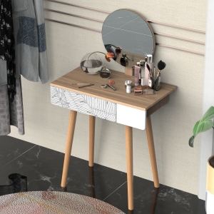 HOMCOM Dressing Table with Drawer and Mirror height adjustable Wooden Oak Color Bedroom Dressing Room Elegant and Durable